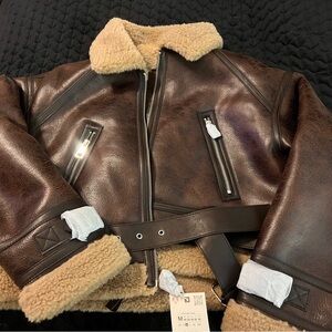 Zara Dark Brown Leather Jacket with Shearling
